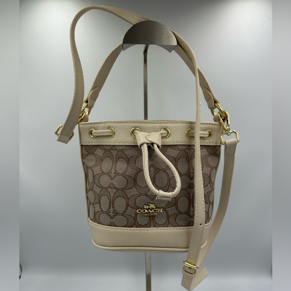 Mini Bucket Bag Signature Canvas Leather Trim Crossbody Shoulder Bag Beige Brown